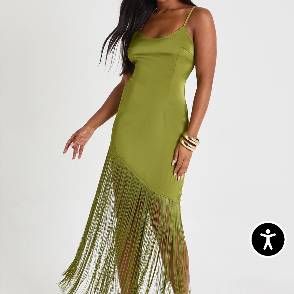 NWT Boohoo Asymmetrical Olive Dress with Fringe